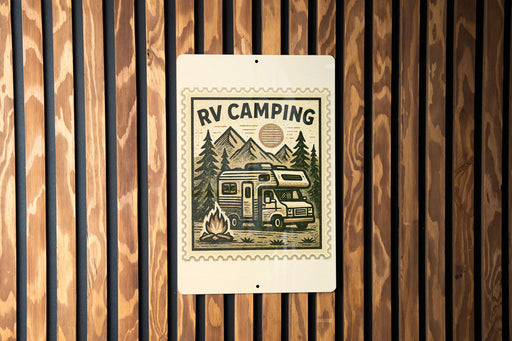 a sign with a camping scene, including a camper van, a campfire, and mountains in the background.