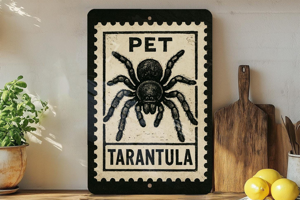 A framed sign with a black and white illustration of a tarantula, accompanied by the text "PET TARANTULA" on a wooden shelf.