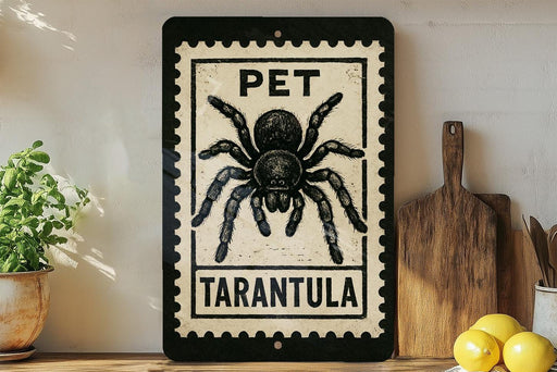 A framed sign with a black and white illustration of a tarantula, accompanied by the text "PET TARANTULA" on a wooden shelf.