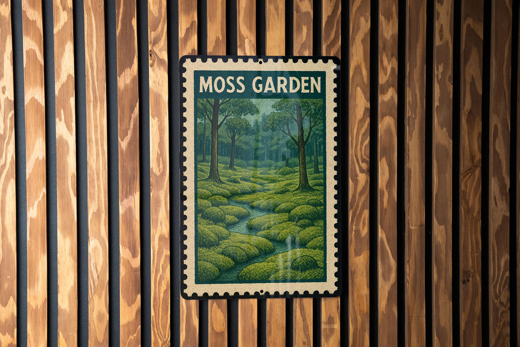 A framed poster of a lush, green forest scene is displayed on a wooden wall.