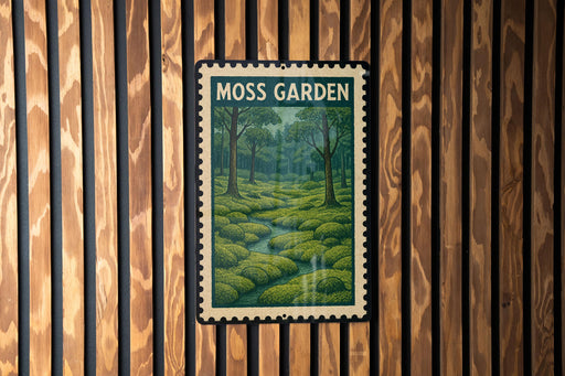 A framed poster of a lush, green forest scene is displayed on a wooden wall.