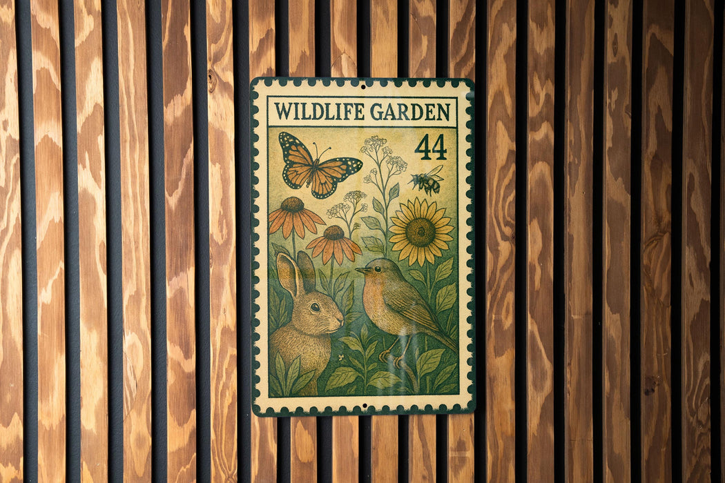 A wildlife garden stamp with a rabbit, bird, and flowers is displayed on a wooden wall.