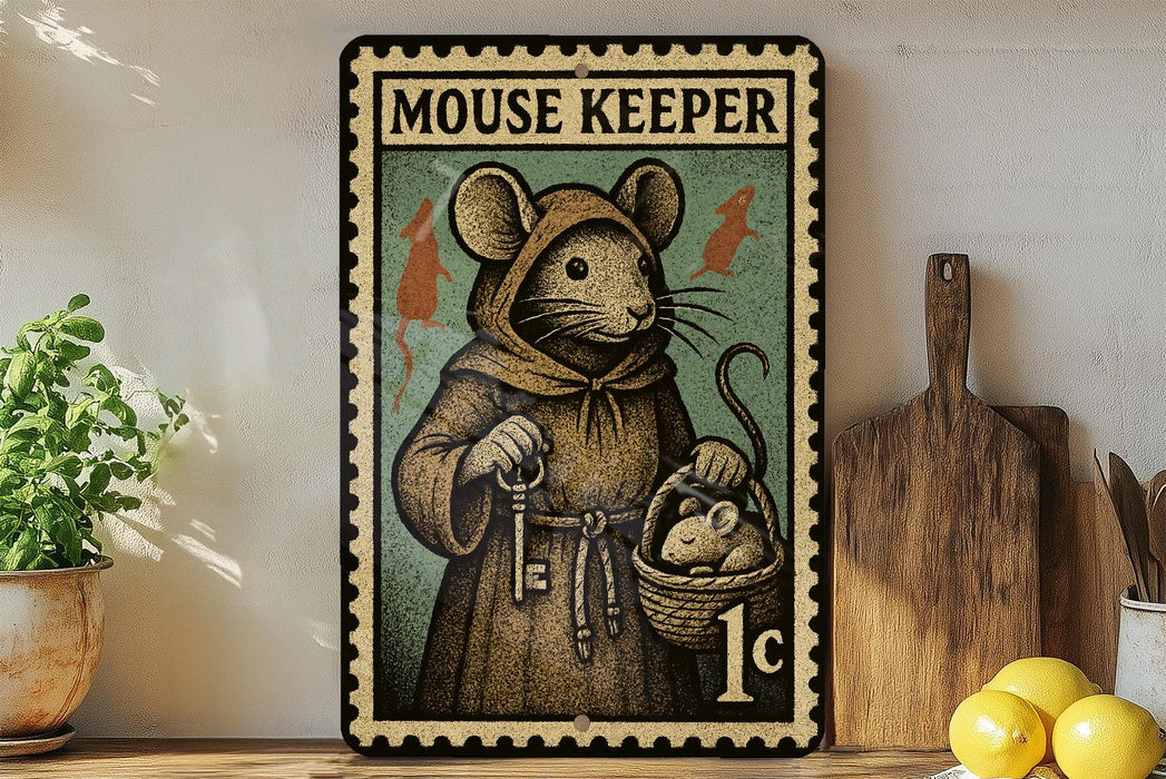 A vintage-style metal stamp depicting a mouse dressed in a robe and holding a basket of mice, with the text "MOUSE KEEPER" and a value of 1c.