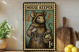 A vintage-style metal stamp depicting a mouse dressed in a robe and holding a basket of mice, with the text "MOUSE KEEPER" and a value of 1c.