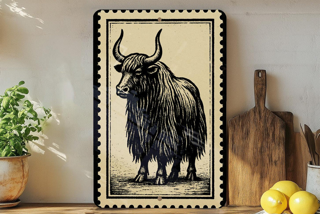 a framed illustration of a yak, a large, horned animal, on a wooden surface.