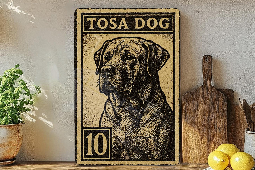 A vintage-style metal sign featuring a black and white illustration of a dog, with the text "TOSA DOG" prominently displayed. The sign is placed on a wooden surface, with a potted plant and a wooden cutting board visible in the background.