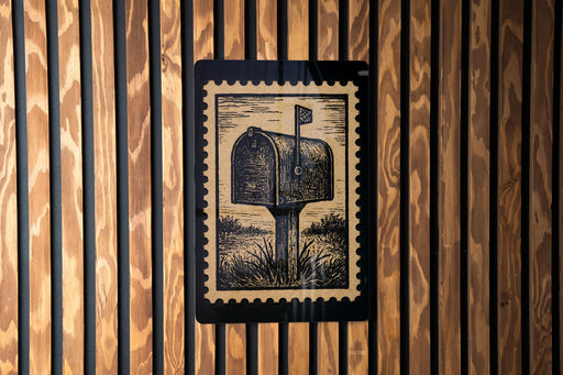 a black and white illustration of a mailbox on a wooden wall.