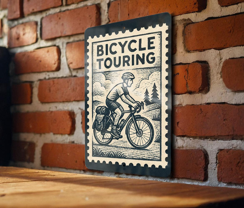 A bicycle touring sign is mounted on a brick wall, featuring an illustration of a person riding a bicycle.