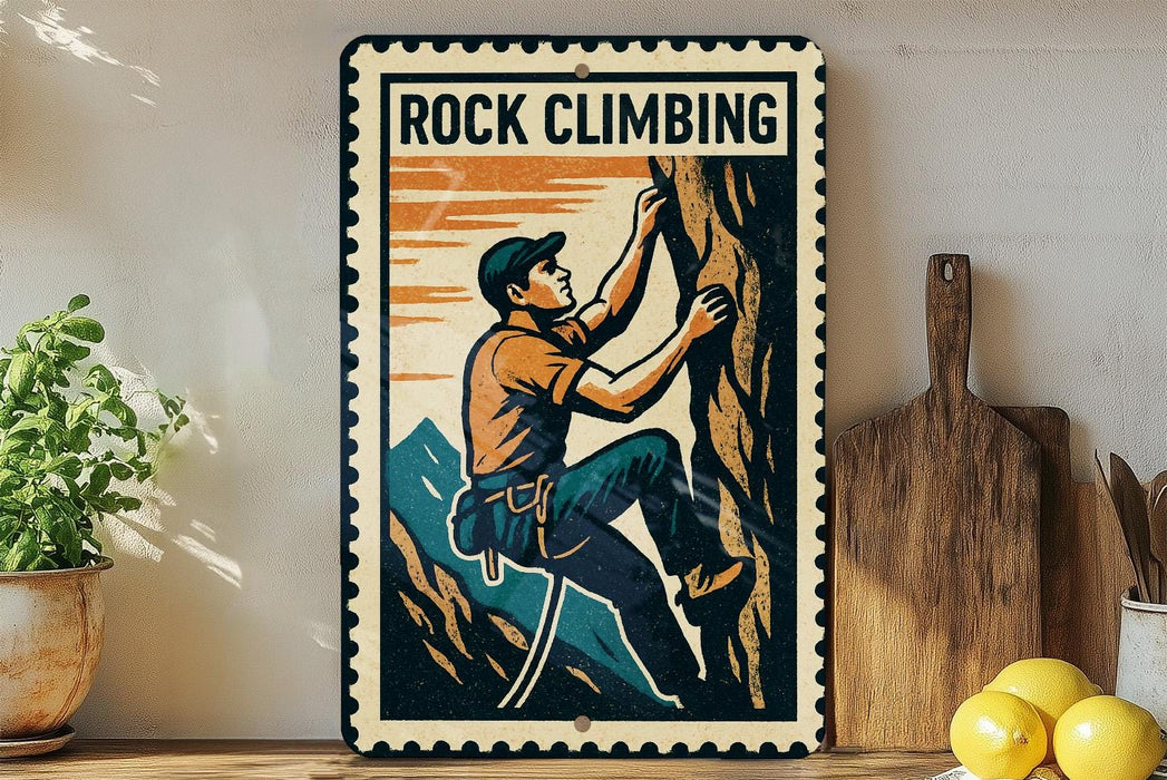 A vintage-style metal sign with a man climbing a rock, accompanied by a wooden cutting board and a potted plant.