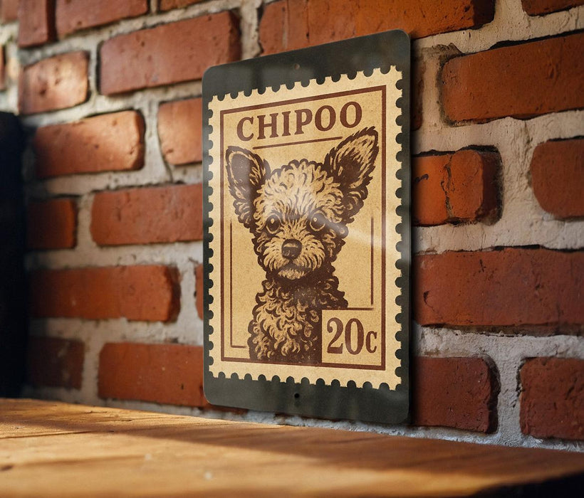 A metal sign featuring a dog illustration is mounted on a brick wall.