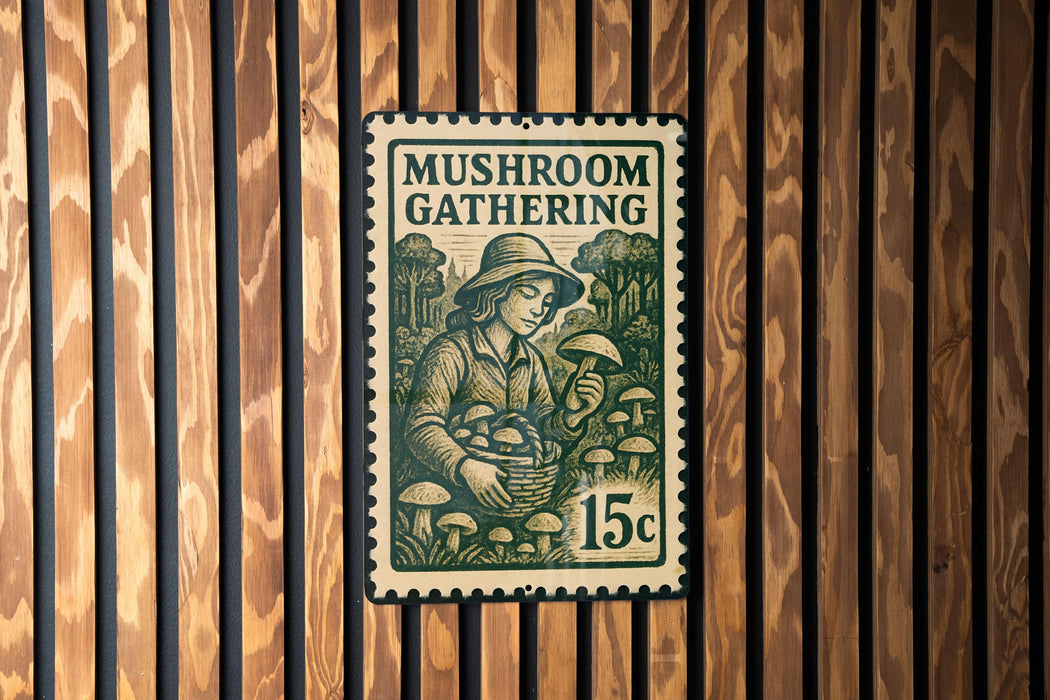 A green and white mushroom stamp is displayed on a wooden wall.
