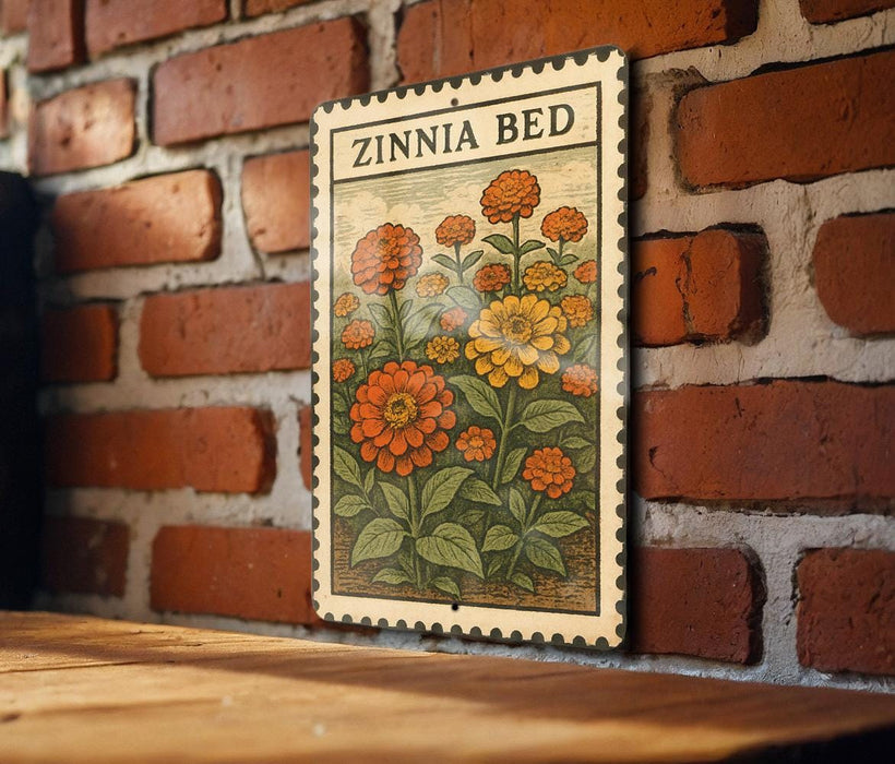 A vintage-style metal sign with a floral illustration is mounted on a brick wall.
