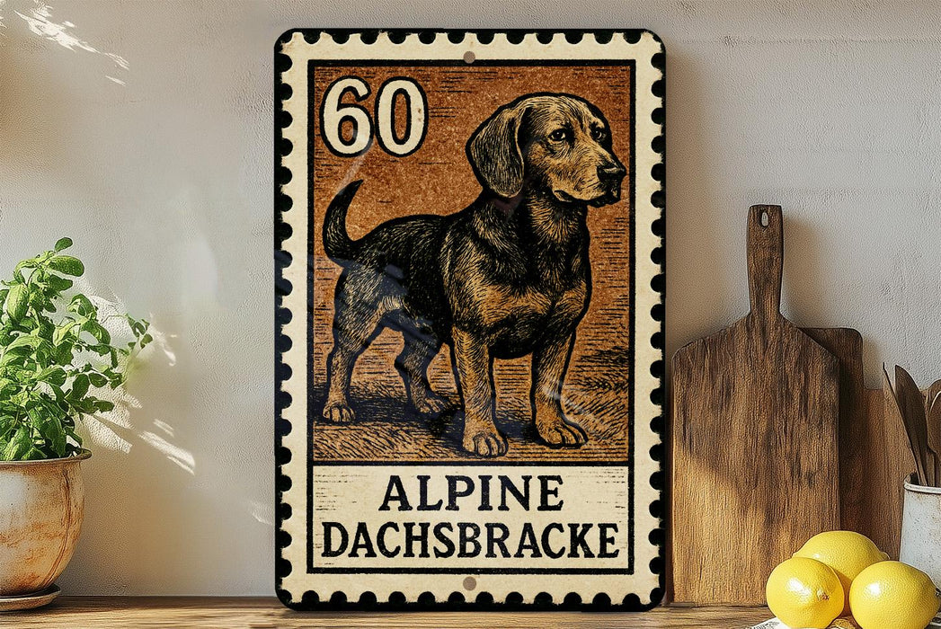 A metal sign with a dog illustration and the text "ALPINE DACHSBRACKE" is displayed on a wooden shelf, accompanied by a potted plant, a wooden cutting board, and some lemons.