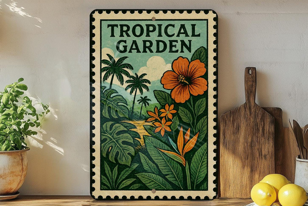 A framed poster of a tropical garden with palm trees, flowers, and lush foliage hangs on a wall, accompanied by a wooden cutting board and a potted plant.