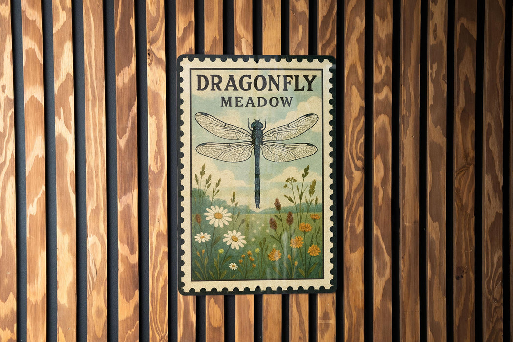A framed poster of a dragonfly is displayed on a wooden wall.
