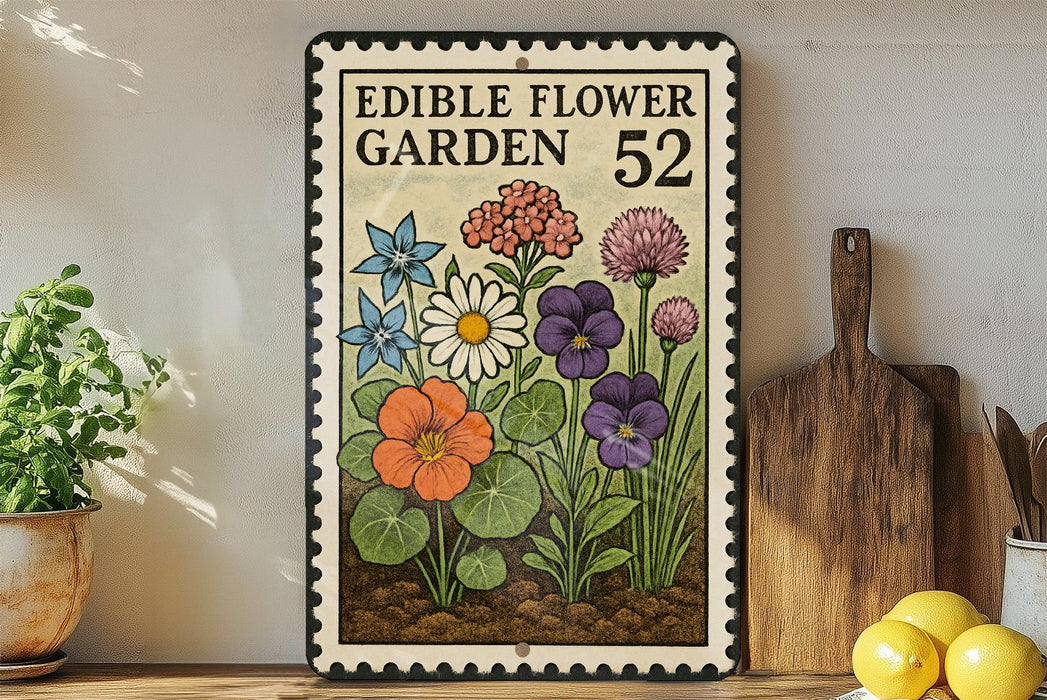 a vintage-style metal sign with a floral illustration, placed on a wooden shelf next to a wooden cutting board and a potted plant.