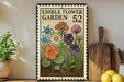 a vintage-style metal sign with a floral illustration, placed on a wooden shelf next to a wooden cutting board and a potted plant.