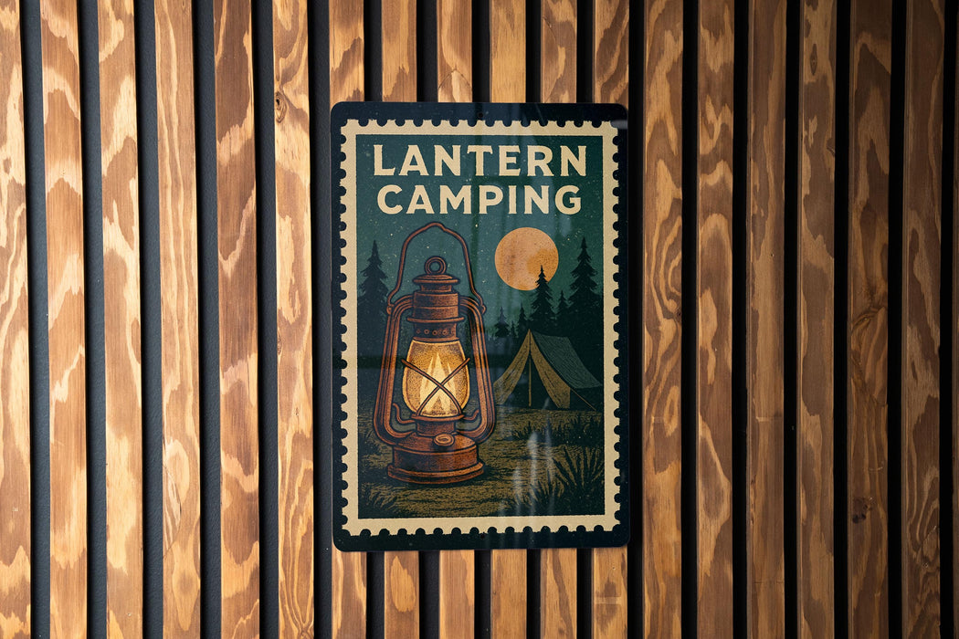 A lantern camping poster is displayed on a wooden wall, featuring a lantern, tent, and trees in a nighttime setting.