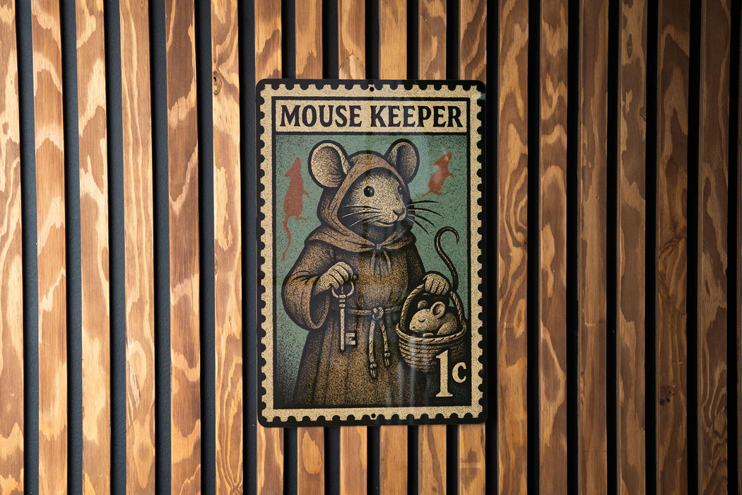 A metal sign featuring a mouse wearing a robe and holding a basket with mice in it, mounted on a wooden wall.