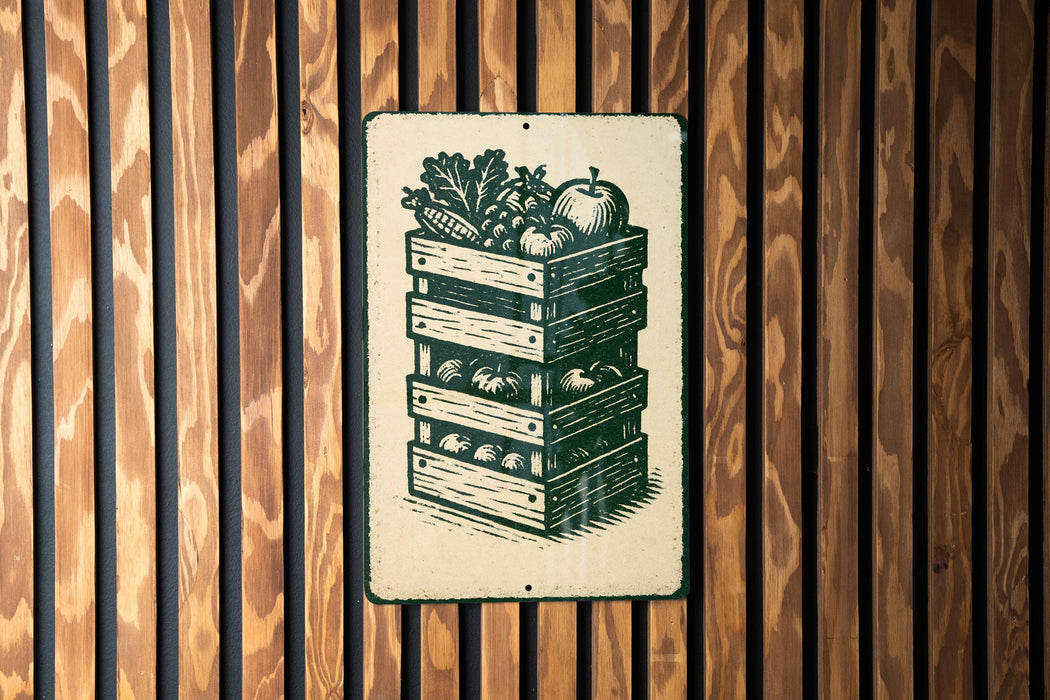 A metal sign with a black and white illustration of a wooden crate filled with various vegetables, such as corn, apples, and carrots, mounted on a wooden wall.