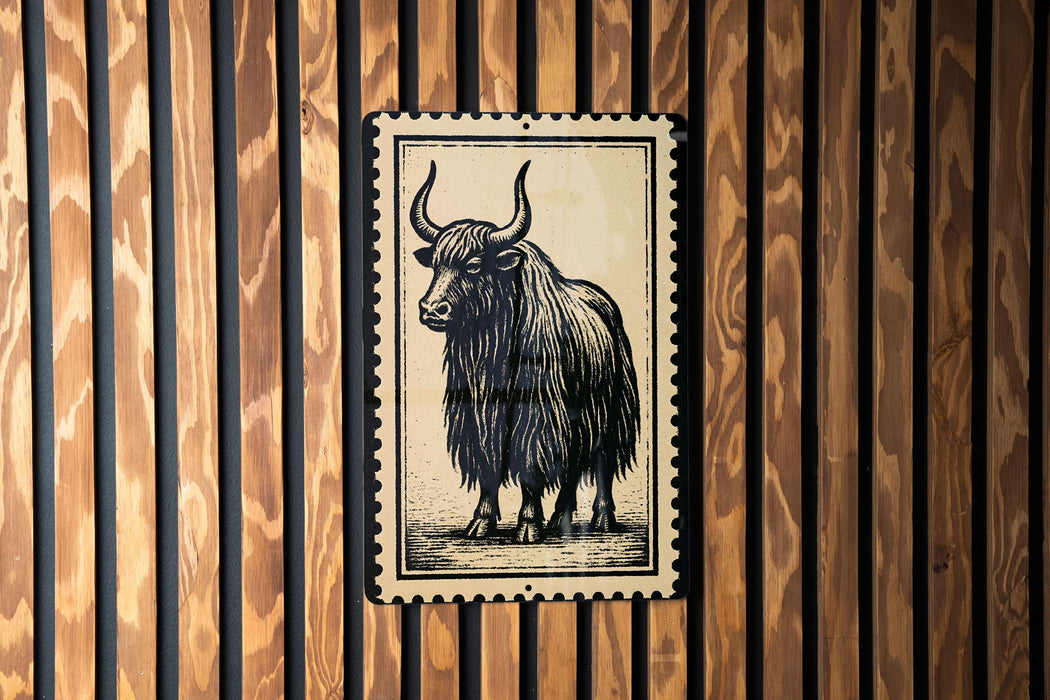 a wooden wall with a framed illustration of a yak, which is a large, horned mammal native to the Himalayan region.