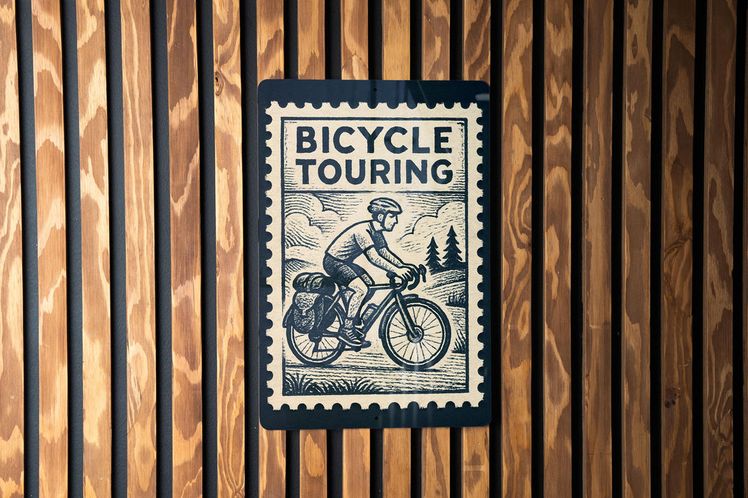 A bicycle touring sign is displayed on a wooden wall.
