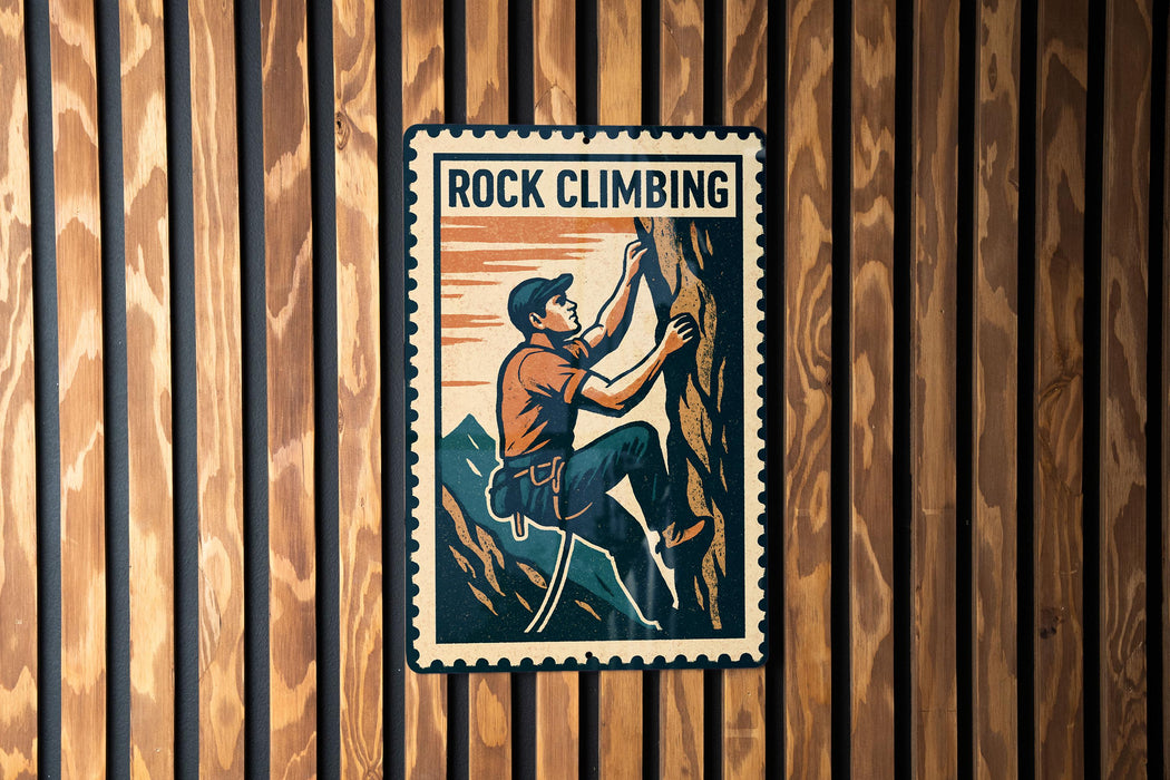 A vintage-style poster of a man climbing a rock face, with the text "ROCK CLIMBING" prominently displayed.