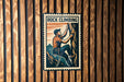 A vintage-style poster of a man climbing a rock face, with the text "ROCK CLIMBING" prominently displayed.