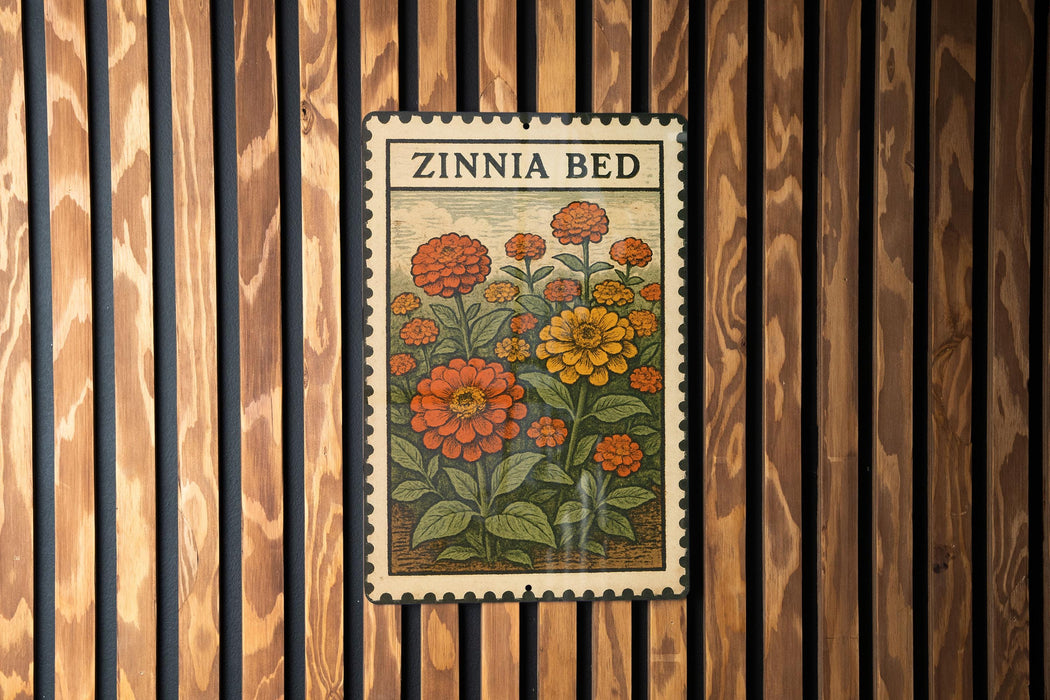 A vintage-style stamp or postcard with a floral illustration, hanging on a wooden wall.