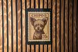 A small, brown dog is depicted on a 20 cent postage stamp, which is affixed to a wooden wall.