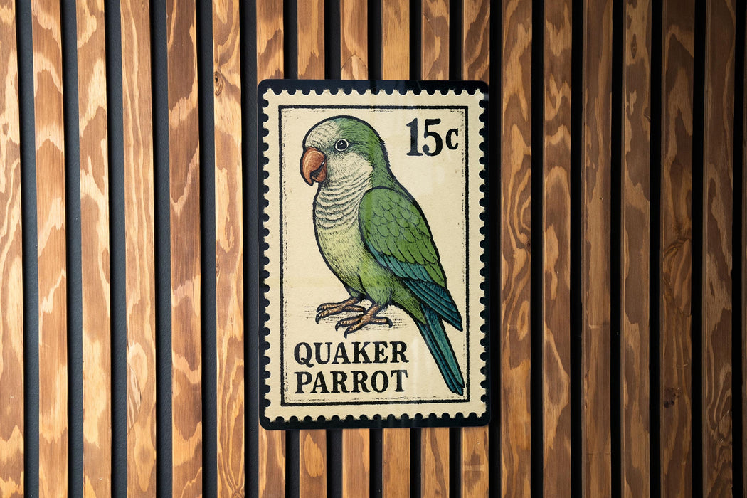 A postage stamp featuring a Quaker Parrot is displayed on a wooden wall.