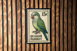 A postage stamp featuring a Quaker Parrot is displayed on a wooden wall.