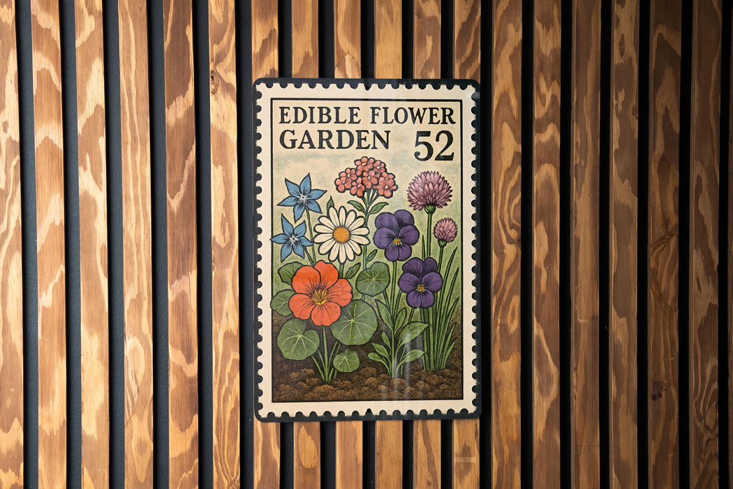a vintage-style edible flower garden postage stamp, which is mounted on a wooden wall.