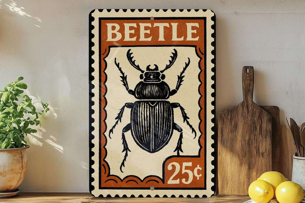 A vintage-style metal sign featuring a detailed illustration of a beetle, with the word "BEETLE" prominently displayed. The sign is placed on a wooden surface, with a potted plant and a wooden cutting board visible in the background.