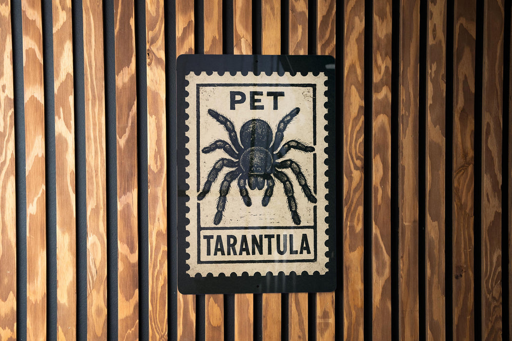 A sign with a black and white illustration of a tarantula, mounted on a wooden wall.