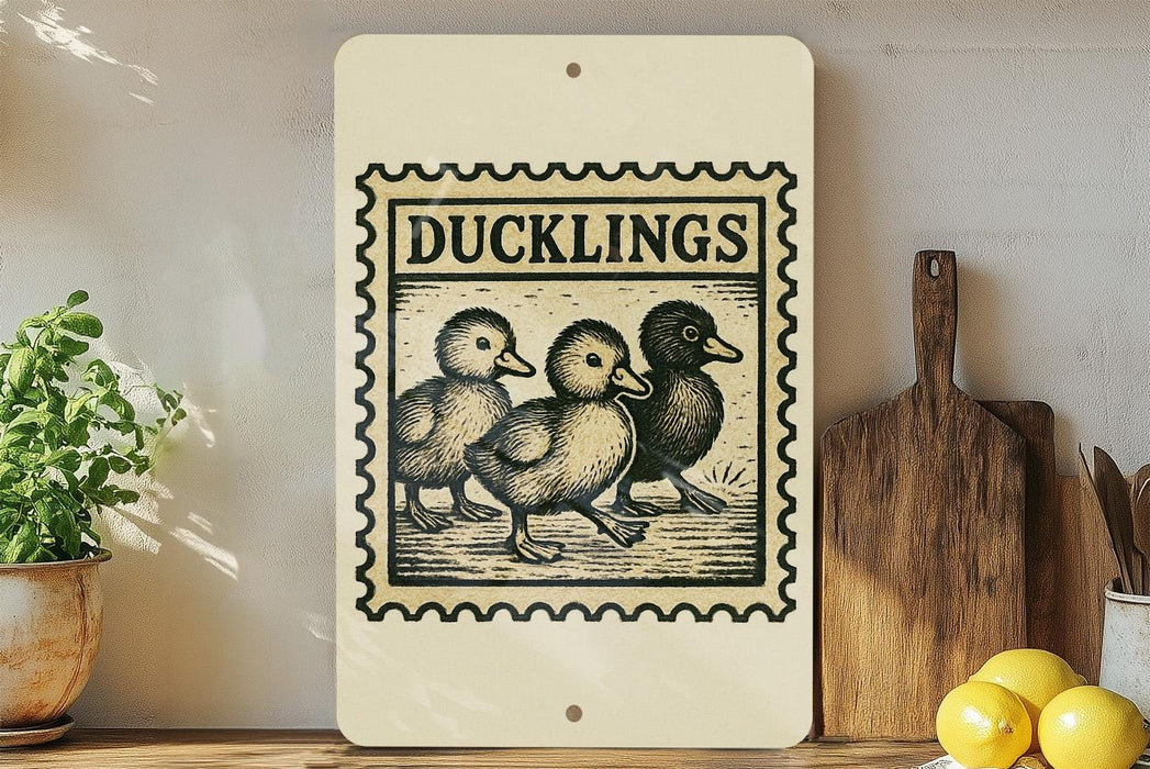 A wooden shelf displaying a decorative sign with a stamp-like design, featuring three ducks, and a wooden cutting board and a potted plant.