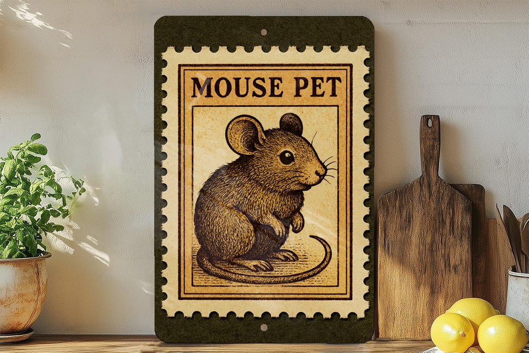 a framed illustration of a mouse on a shelf, with a potted plant to the left and a wooden cutting board to the right.