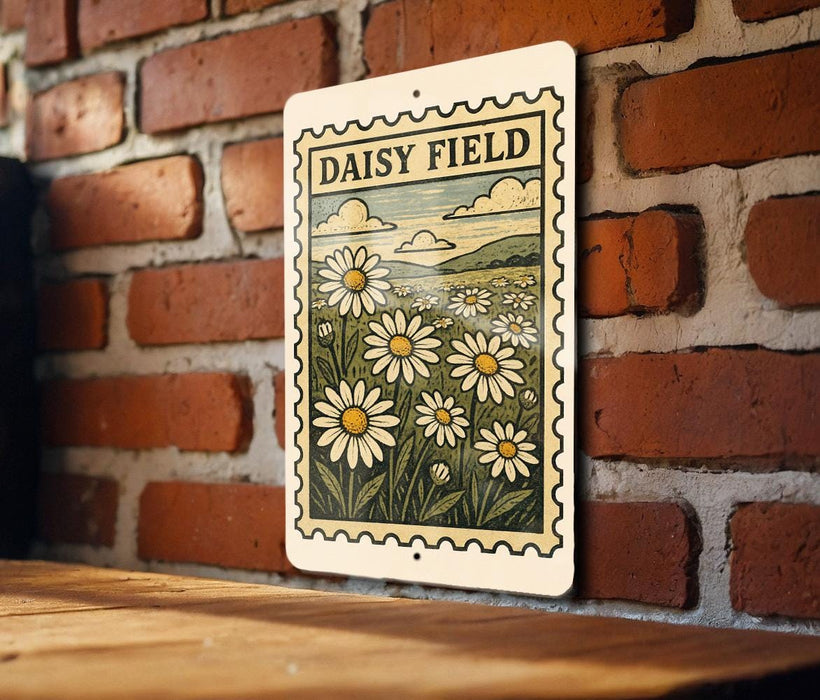 A metal sign with a floral illustration of daisies hanging on a brick wall.