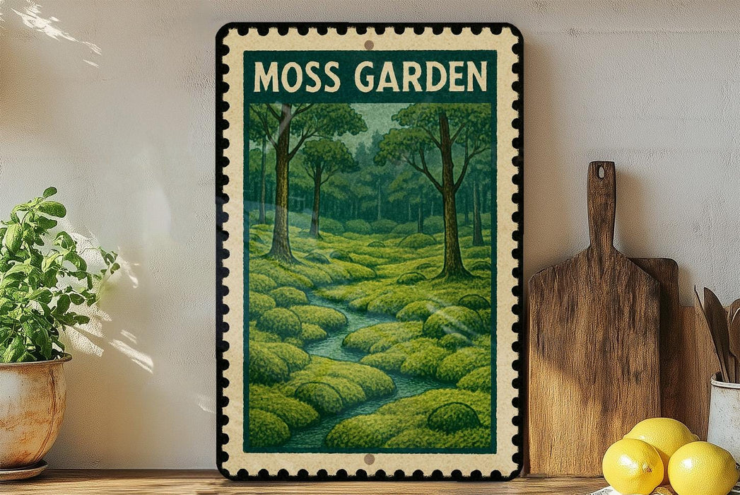 A framed illustration of a lush, green moss garden is displayed on a shelf, accompanied by a wooden cutting board and a potted plant.