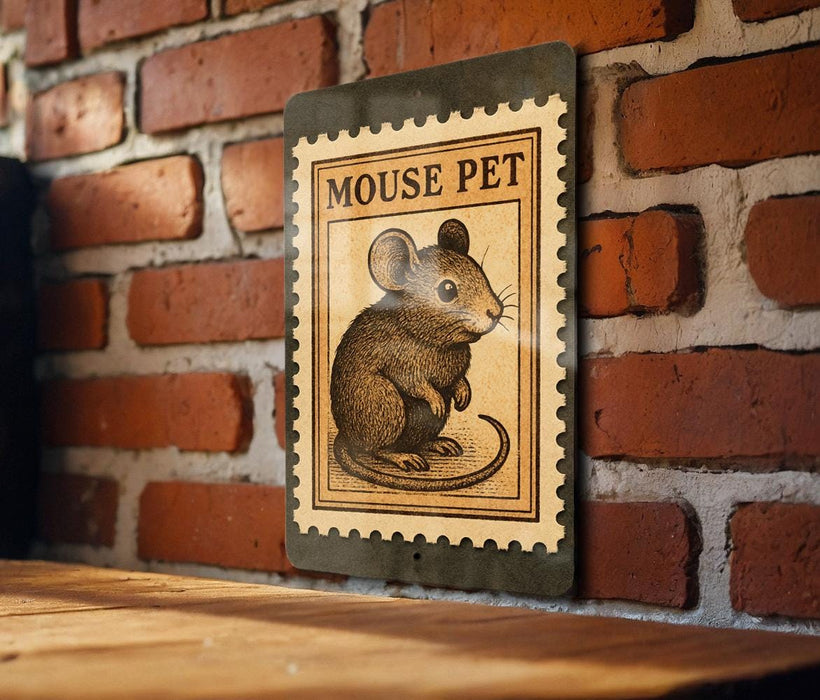 A wooden table with a brick wall in the background, and a framed illustration of a mouse on the wall.