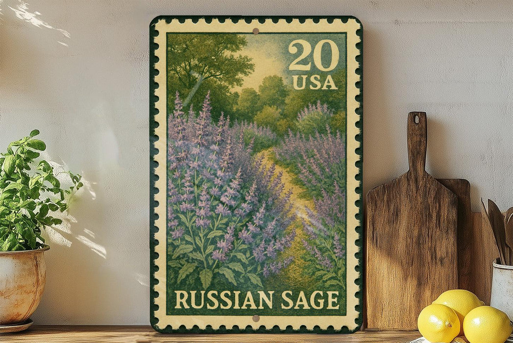 A 20 oz postage stamp from the United States featuring a painting of a field of purple flowers, with the text "Russian Sage" below it.