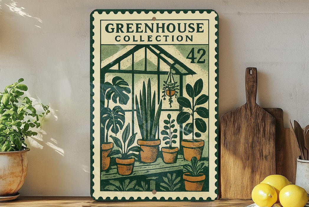 a vintage-style metal sign with a green and white color scheme, displaying illustrations of potted plants and a greenhouse. The sign is placed on a wooden shelf, with a wooden cutting board and a lemon nearby.