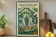 a vintage-style metal sign with a green and white color scheme, displaying illustrations of potted plants and a greenhouse. The sign is placed on a wooden shelf, with a wooden cutting board and a lemon nearby.