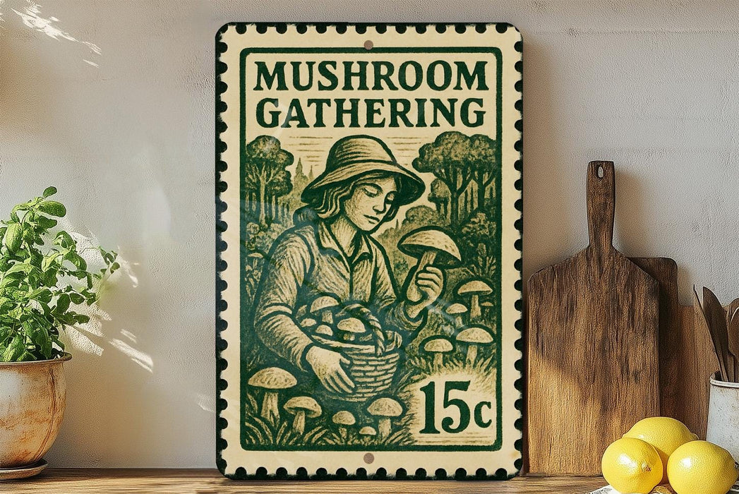 A vintage-style metal sign advertising a mushroom gathering, featuring an illustration of a woman holding mushrooms and surrounded by mushrooms.