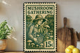 A vintage-style metal sign advertising a mushroom gathering, featuring an illustration of a woman holding mushrooms and surrounded by mushrooms.
