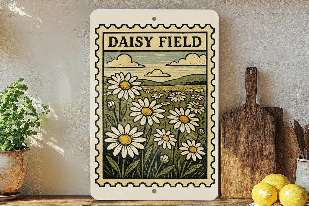 a vintage-style metal sign with a floral illustration of a field of daisies, placed on a wooden surface next to a wooden cutting board and some lemons.