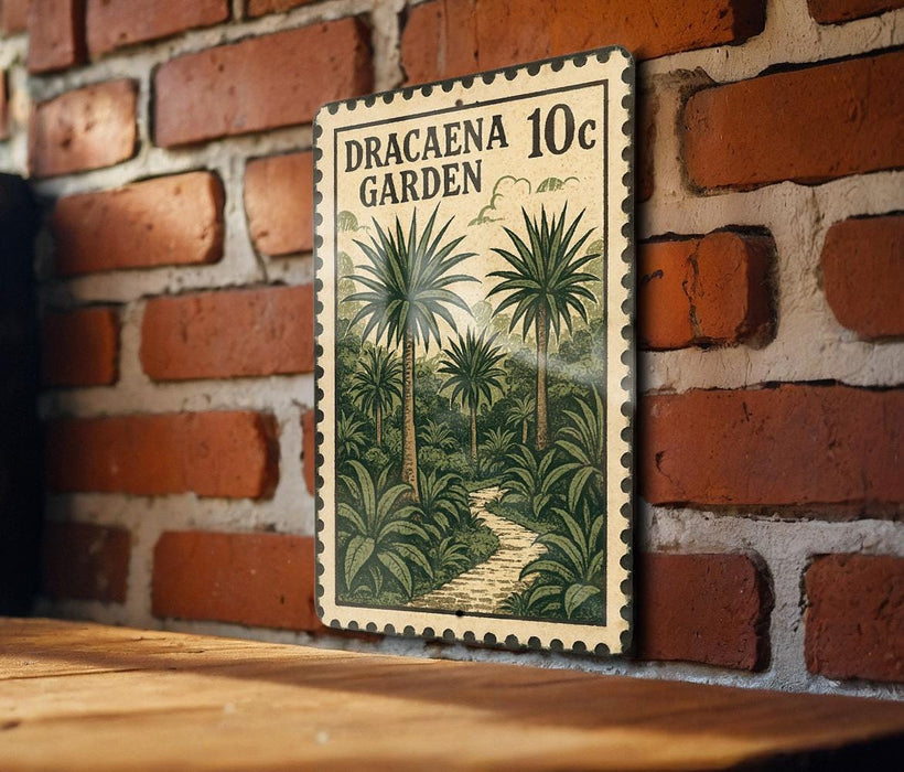 A vintage-style stamp depicting a tropical garden scene with palm trees and a winding path, mounted on a brick wall.
