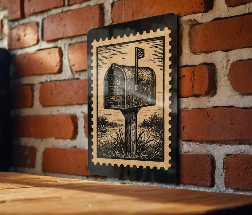 A black and white illustration of a mailbox is mounted on a brick wall, with a wooden surface below it.