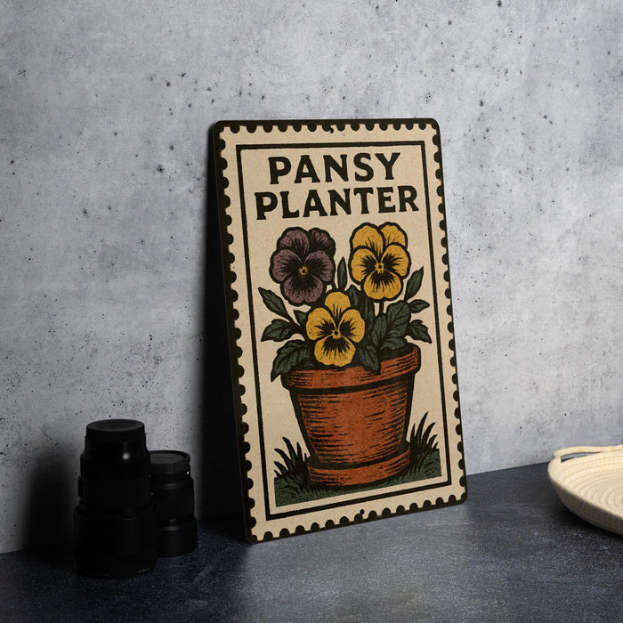 A metal sign with a floral design and text, placed on a table next to some black camera lenses.