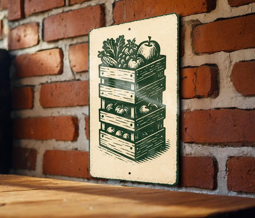 A sign with a picture of a wooden crate filled with various vegetables, such as apples and carrots, mounted on a brick wall.